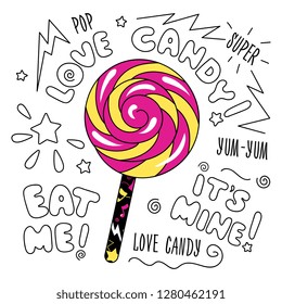 Abstract art candy on white background. Fashion illustration drawing in modern style for clothes. Drawing for kids clothes, t-shirts, textiles and fabrics or packaging
