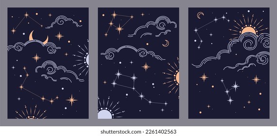 Abstract art with clouds and constellation. Wall art in vintage style. Wall decor painting. Minimalistic background design. Vector illustration.