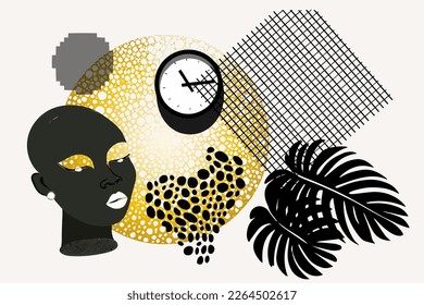 Abstract art collage black woman, clock and palm leaves. Natural beauty silhouette drawing with geometrical shapes, grainy grunge texture, doodles. Vector fashion illustration. Stylish art collage
