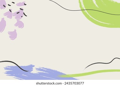 Abstract art collage frame, ink line drops, pink and green stains,various brush strokes on beige horizontal background with copy space. Header image with place for text artistic vector border backdrop