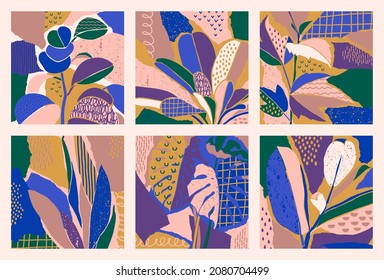 Abstract Art Collage Set with Tropical Leaves in a Minimal Trendy Style. Floral Backgrounds in a Contemporary Simple Style. Vector illustration for Print, Card, Poster, Cover, Social Media Posts