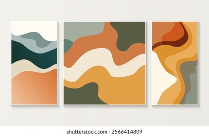 Abstract art collection. Set of three artworks. Wall art for home decorate and printing, interior, cover, and postcard. Vector illustration.