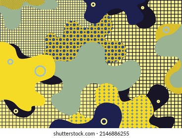 Abstrakte Kunstfarben, Vektorgrafiken-Linien und Punktmuster-Hintergrund bunter ovaler oder kreisförmiger Formen auf blauem, grünem auf gelbem Hintergrund, Design
