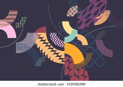 Abstract art colorful composition. Patterned retro geometric shapes.