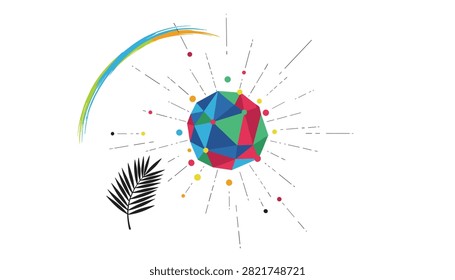 Abstract art composition featuring a colorful geometric polygon sphere radiating rays with a rainbow arc and a black palm leaf.