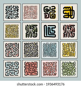 Abstract art composition. Labyrinth.  Minimalist hand drawn style. Modern tendy poster, cover, wall art, packaging design. Different curly lines, swirls.