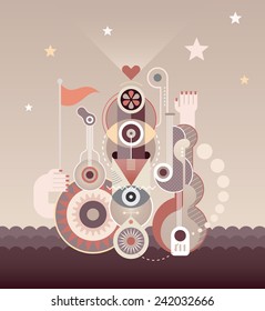 Abstract art composition of music instruments and abstract shapes. Vector illustration.