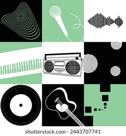 Abstract art composition with musical instruments and geometric shapes. Music concept. Graphic design for backdrop, banner, poster, brochure, leaflet or signboard.Green and black.