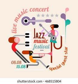 Abstract art composition with musician, text and musical instruments. Jazz music festival vector poster.