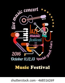 Abstract art composition with musician, text architecture and musical instruments isolated on a black background. Jazz music festival vector poster.