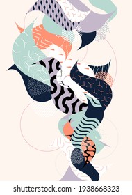 Abstract art composition of patterned vintage liquid elements. Graphic pastel background