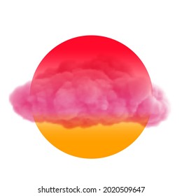 Composición artística abstracta con nubes rosadas realistas y formas geométricas aisladas en fondo blanco. Concepto moderno de diseño de moda para afiches, banners, tarjetas. Ilustración vectorial colorida.