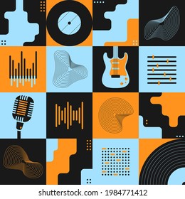 Abstract art composition with various geometric shapes, objects and musical instruments. Poster design. Music concept. Graphic design for backdrop, cover, flyer or signboard