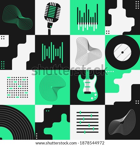 Abstract art composition with various geometric shapes, objects and musical instruments. Poster design. Music concept. Graphic design for backdrop, banner, brochure, leaflet or signboard