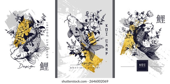 Abstract art compositions with Asian koi carp and bright black and gold elements in the design. Collection of aesthetic posters. Translation of hieroglyphs: carp.