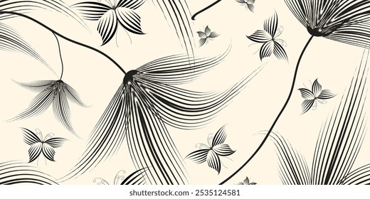 Abstract art contemporary seamless pattern. Black bouquet color decoration background with floral leaves and butterfly for modern graphic design. Vector illustration