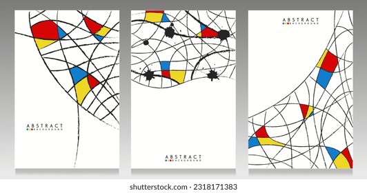 Abstract art cover set. Black wavy brushstrokes, ink splashes and primary colors shapes. Mondrian style emulation.