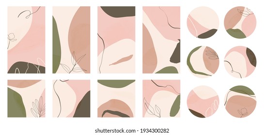 Abstract art cover templates vector set. Social media background design with Hand drawn organic shapes textures. Minimal trendy style wallpaper. Vector illustration.