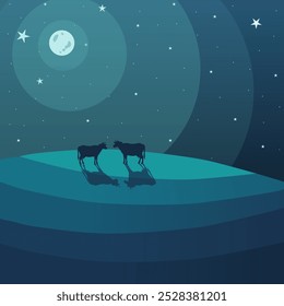 Arte abstracto con las vacas que se encuentran en una colina bajo la luna. Clipart en colores fríos. Ilustración vectorial