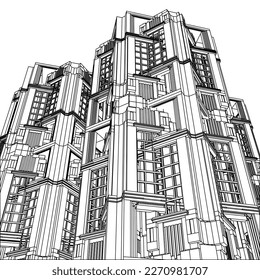 Abstract Art Deco Building Construction Structure Vector 492. Illustration Isolated On White Background. A Vector Illustration Of Skyscraper.