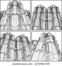 Abstract Art Deco Building Construction Structure Vector 490. Illustration Isolated On White Background. A Vector Illustration Of Skyscraper.