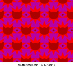 Abstract Art Deco Cats and Crown Shapes Repeating Vector Pattern Isolated Background