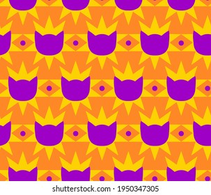 Abstract Art Deco Cats and Crown Shapes Repeating Vector Pattern Isolated Background