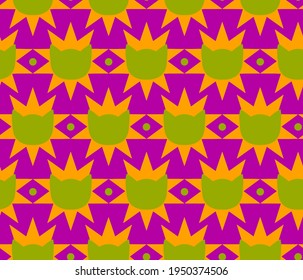 Abstract Art Deco Cats and Crown Shapes Repeating Vector Pattern Isolated Background