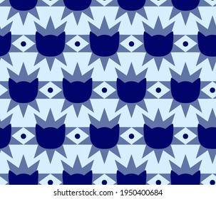 Abstract Art Deco Cats and Crown Shapes Repeating Vector Pattern Isolated Background