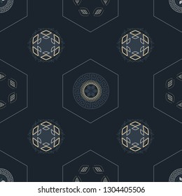 ABSTRACT ART DECO GEOMETRIC PATTERNS-TRENDY COLORS-GOLD MIDNIGHT BLACK GOLD SILVER MANDALA, HEXAGON, ORNAMENTAL SYMBOLS AND KNOTS ECHO-VECTOR ILLUSTRATION