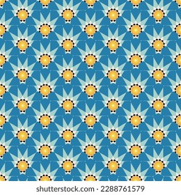 Abstraktes Art Deco Geometric Sun Form Nahtlose Vectormuster Spark Icon Trendy Fashion Colors Retro Konzept Design Blue Yellow Tones