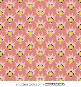 Abstract Art Deco Geometric Sun Shape Seamless Vector Pattern Spark Icon Trendy Fashion Colors Retro Concept Design Dirty Pink Yellow Tones