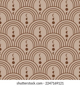 Abstract art deco rainbows with brown moon phases seamless pattern. For home decor, wallpaper and textile