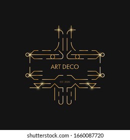 Abstract  Art Deco style banner design on black background. Golden outline geometric template for presentation, poster, flyer, cover, backdrop.