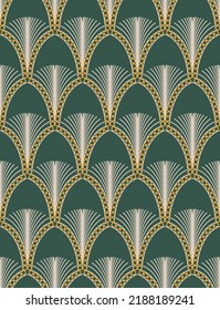 Abstract Art Deco Style Modern Geometric Pattern Feather Shapes Seamless Pattern Perfect for Allover Wall Paper Print or Interior Fabric Petrol Blue Gold Tones