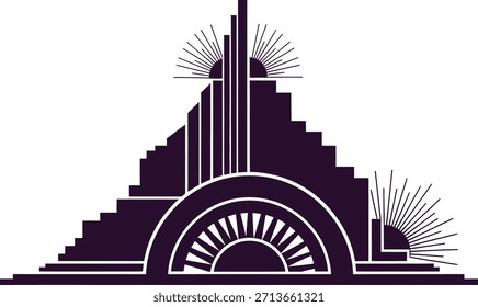 Abstractas diseño de Vector art deco. Forma de pirámide con Elementos de sol y arco. Composición arquitectónica de estilo Antiguas. Ilustración de ornamento geométrico retro. Elegante Plantilla gráfica.