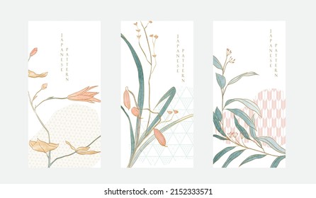 Abstract art decoration with hand drawn flower pattern illustration  banner in vintage style. Japanese geometric pattern background with watercolor texture vector. 