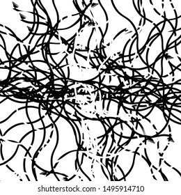 Abstract art with deformation, distortion effect on random lines. Chaotic texture. Distress mix of lines. Complex geometric glitch, noise pattern with irregular shapes. Cluttered design