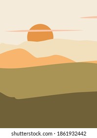 Abstract  Art design for print, cover, wallpaper and natural wall art. Mountain wall art vector. Earth tones landscape background set with sun. 