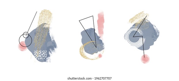 Abstract art design set. Hand painted minimal composition. Watercolor and inc paint stains in contemporary template. Cover, card, poster and banner modern design.