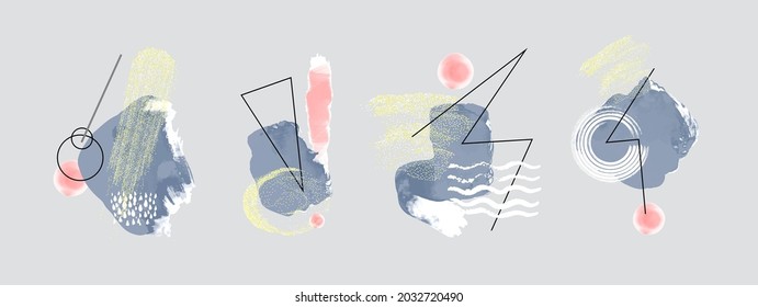 Abstract art design set. Hand painted minimal composition. Watercolor and inc paint stains in contemporary template. Cover, card, poster and banner modern design.