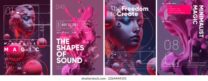 Abstract art design. Stiff, liquid, molten objects. Set of vector illustrations. Posters and musical covers, prints. Typography design and vectorized 3D illustrations on the background. - Shutterstock ID 2264444101