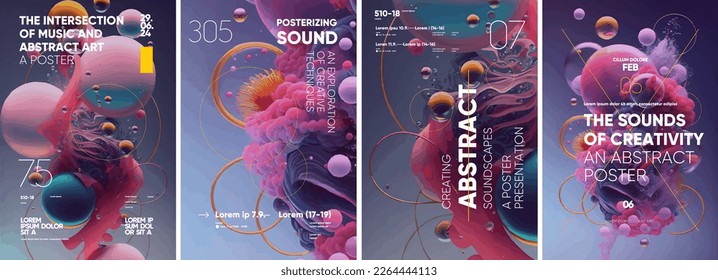 Abstract art design. Stiff, liquid, molten objects. Set of vector illustrations. Posters and musical covers, prints. Typography design and vectorized 3D illustrations on the background. - Shutterstock ID 2264444113