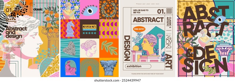 Abstract art design. Vector illustration of antique sculptures, column, modern objects, mythology, classical statue for poster for painting, music, exhibition and art, flyer, brochure, background