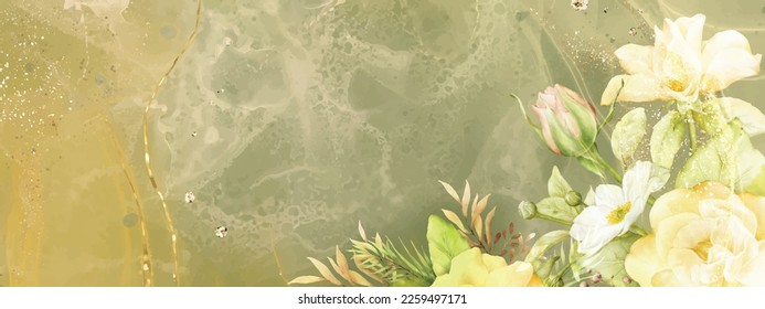 Abstract art design with watercolor of rose flowers and gold glitter on alcohol ink background. Suitable for Valentine's Day decorations, banners, headers; wedding, card, or web.