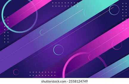 Abstract art with diagonal lines, circles, and dots in purple, pink, and blue. Suitable for web design or background graphics.