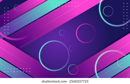 Abstract art with diagonal lines, circles, and dots in purple, pink, and blue. Suitable for web design or background graphics.