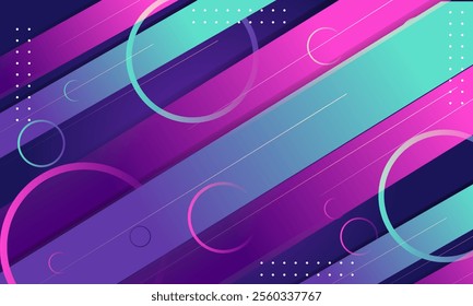 Abstract art with diagonal lines, circles, and dots in purple, pink, and blue. Suitable for web design or background graphics.