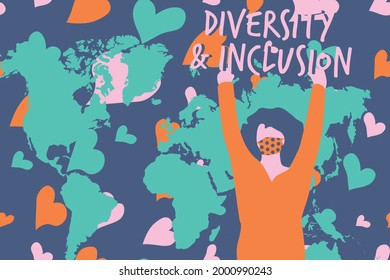 Abstract art diversity and inclusion concept illustration. Woman wearing medical mask hands up cheering or protesting. World map and heart background. Equality and freedom, women power. EPS10. 