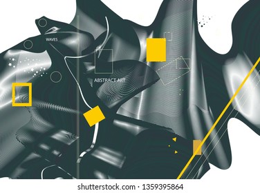 Abstract ART. Dynamic lines, geometric shapes. Charcoal black and gold yellow. Abstraction, trendy artwork, waves pattern, covers design. 